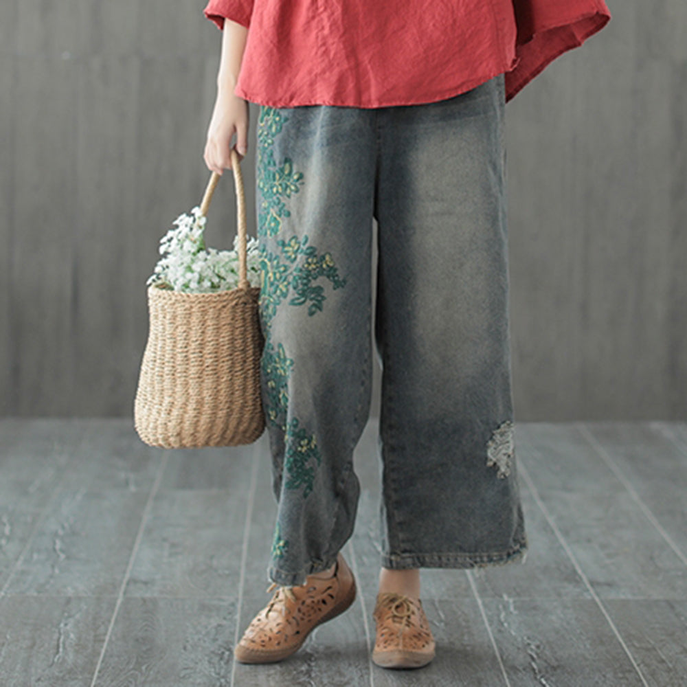 Ripped Artistic Embroidered Wide-leg Jeans