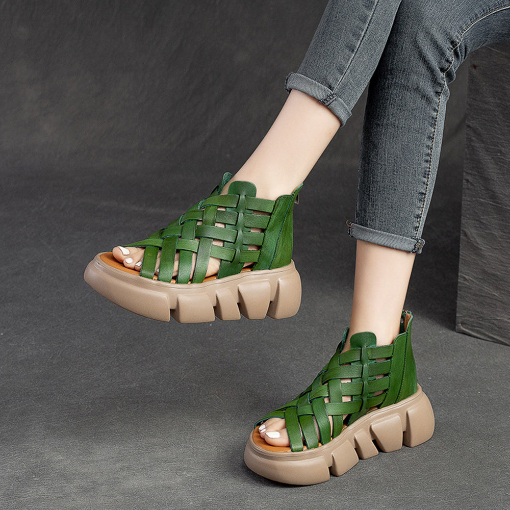 Roman Style Woven Mid-Heel Platform Sandals