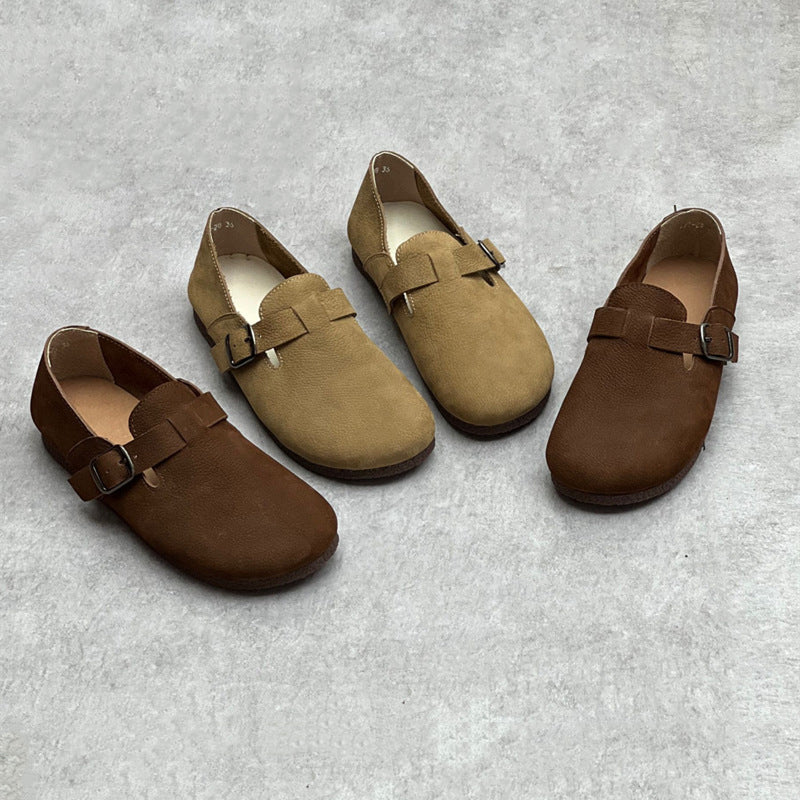 Slip-On Soft Leather Flats With Buckle Accents