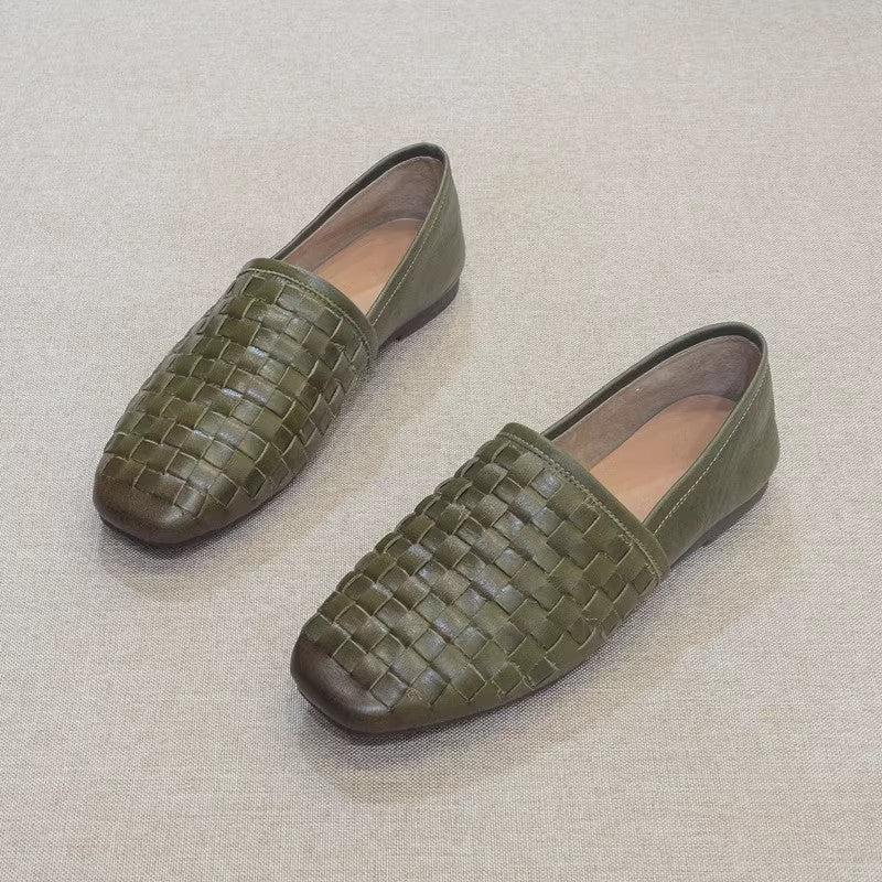 Slip-on Flat Cowhide Woven Leather Loafers