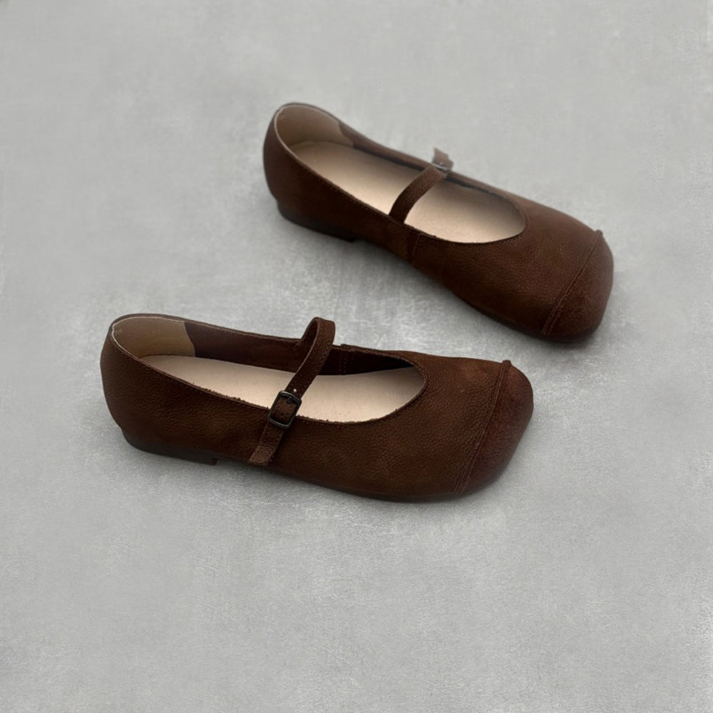 Spliced Leather Square Toe Flat Shoes With Buckle