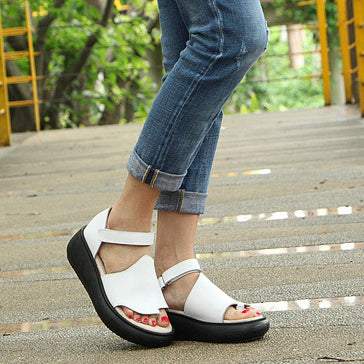 Summer Wedge Leather Clip-toe Sandals With Velcro