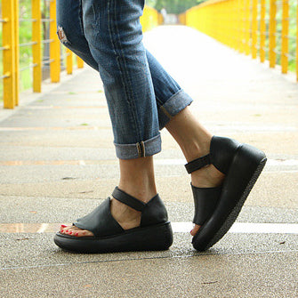 Summer Wedge Leather Clip-toe Sandals With Velcro