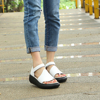 Summer Wedge Leather Clip-toe Sandals With Velcro