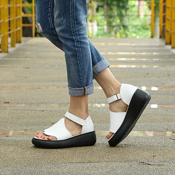 Summer Wedge Leather Clip-toe Sandals With Velcro