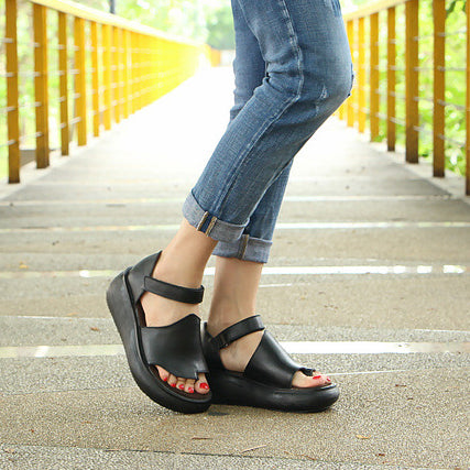 Summer Wedge Leather Clip-toe Sandals With Velcro