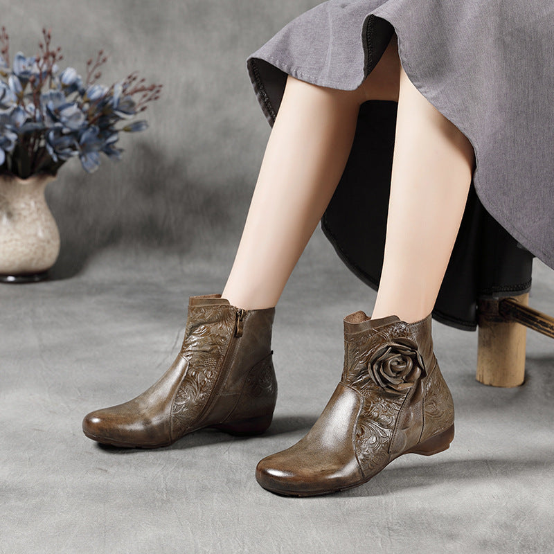 Vintage Flower Accents Artistic Embossed Leather Boots