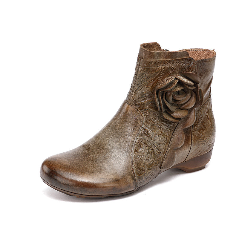 Vintage Flower Accents Artistic Embossed Leather Boots