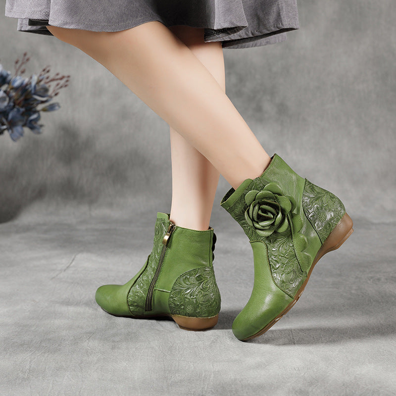 Vintage Flower Accents Artistic Embossed Leather Boots