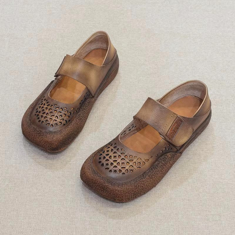 Vintage Hollow Velcro Square Toe Breathable Leather Shoes