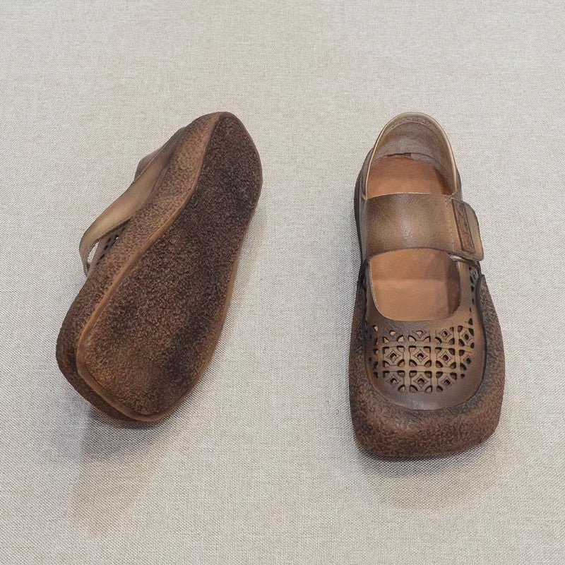 Vintage Hollow Velcro Square Toe Breathable Leather Shoes