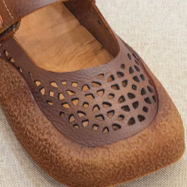 Vintage Hollow Velcro Square Toe Breathable Leather Shoes