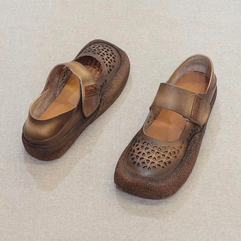 Vintage Hollow Velcro Square Toe Breathable Leather Shoes