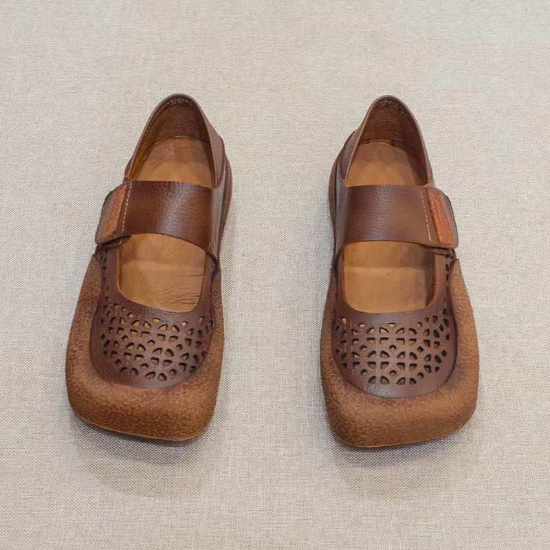 Vintage Hollow Velcro Square Toe Breathable Leather Shoes