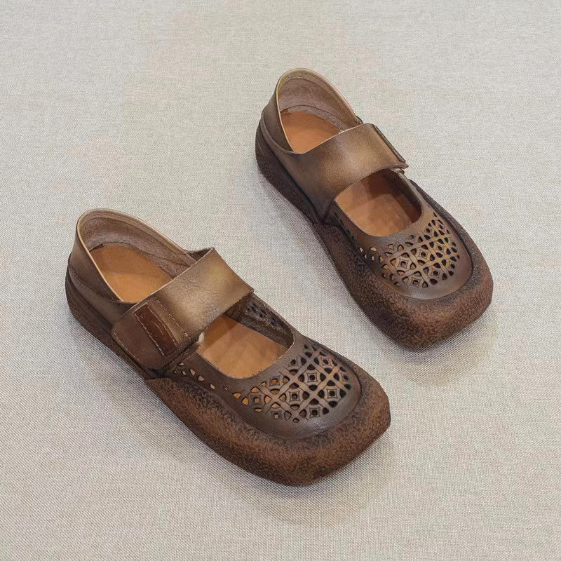 Vintage Hollow Velcro Square Toe Breathable Leather Shoes