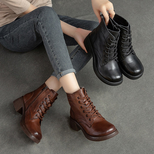 Vintage Leather Lace-up Mid-heel Martin Boots