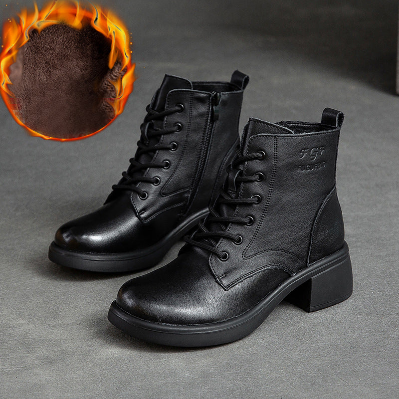 Vintage Leather Lace-up Mid-heel Martin Boots