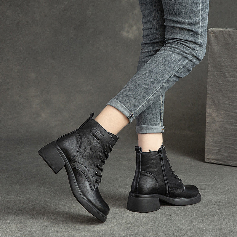Vintage Leather Lace-up Mid-heel Martin Boots