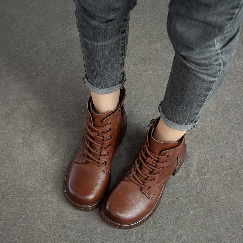 Vintage Leather Lace-up Mid-heel Martin Boots