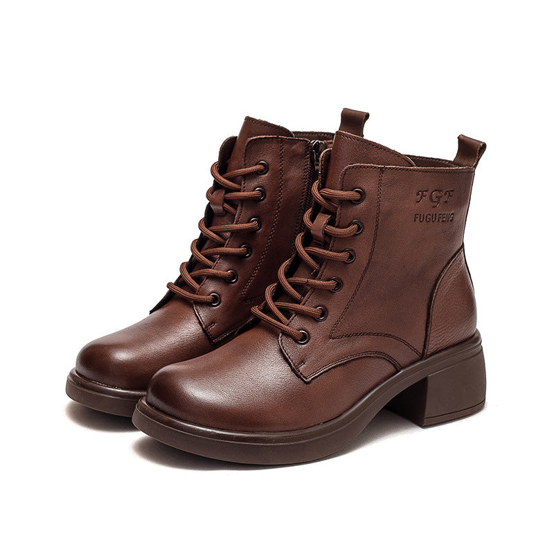 Vintage Leather Lace-up Mid-heel Martin Boots