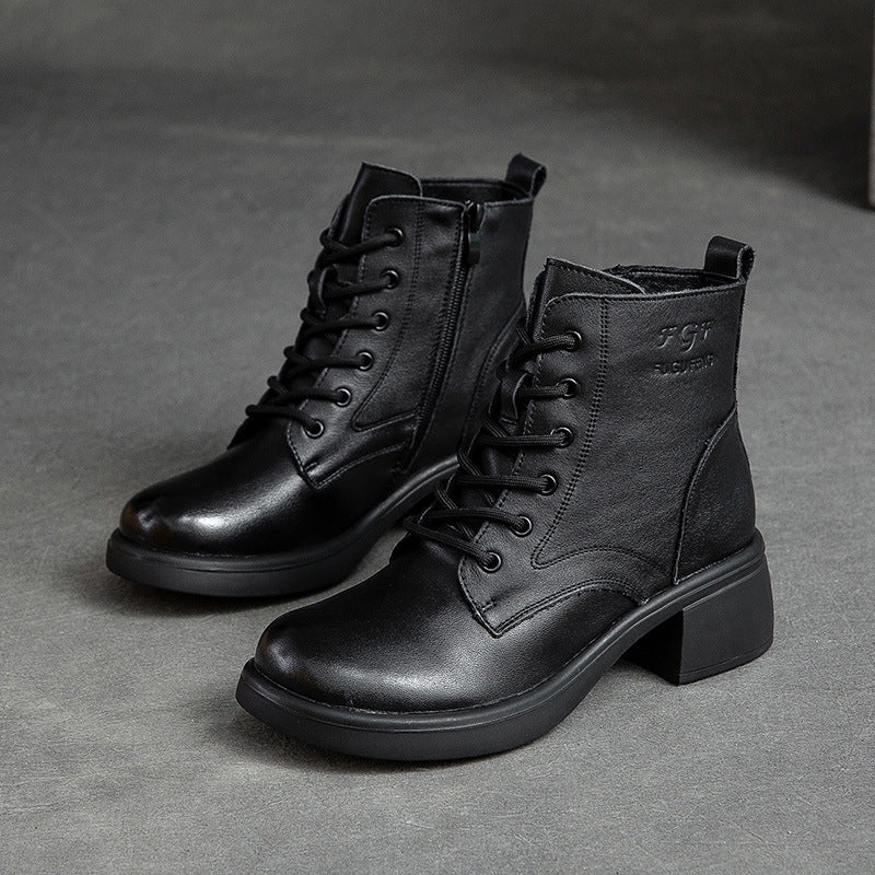 Vintage Leather Lace-up Mid-heel Martin Boots