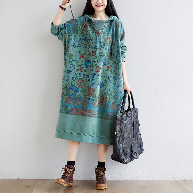 Washed Distressed Patchwork Hooded Sweatshirt Dress