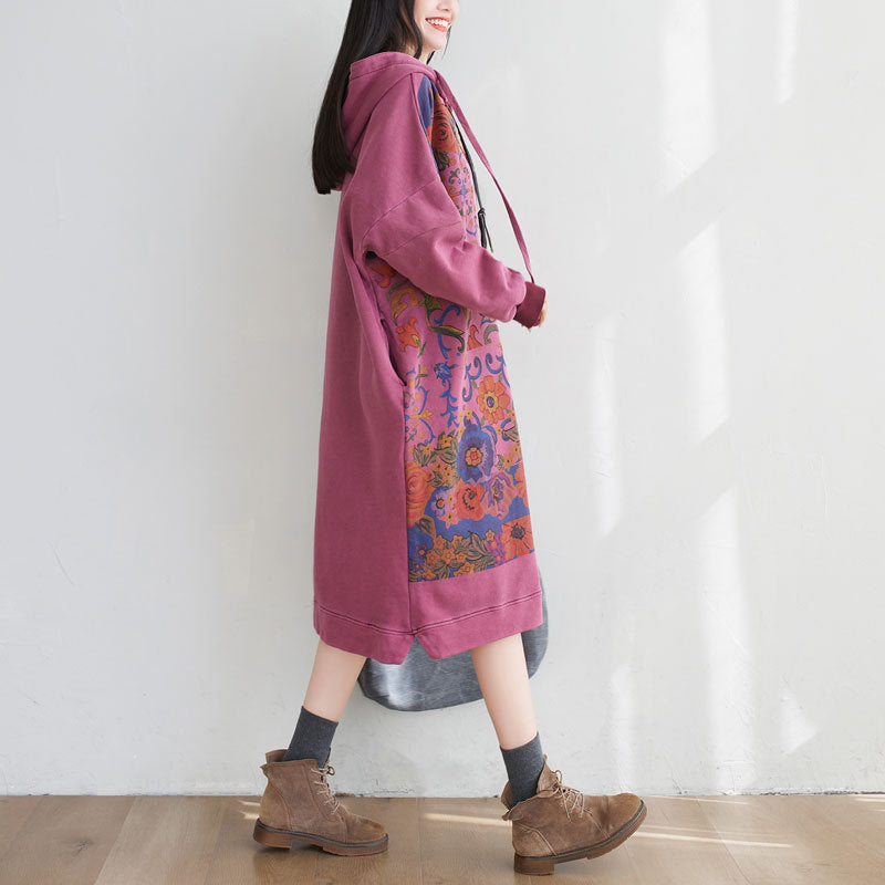 Washed Distressed Patchwork Hooded Sweatshirt Dress