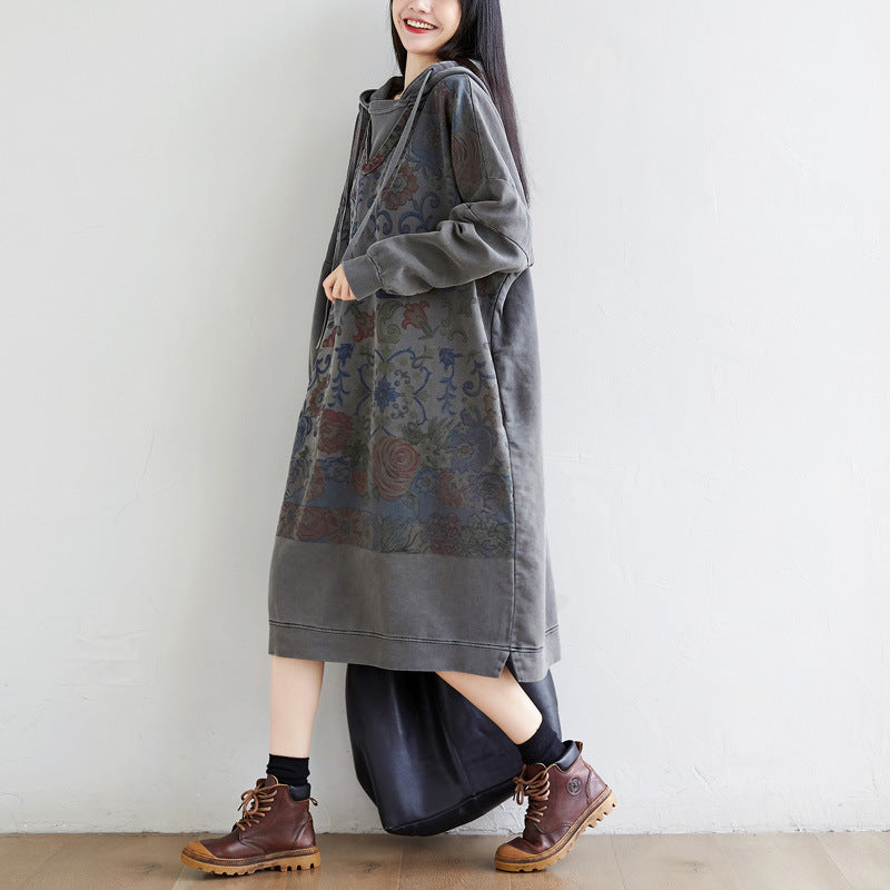 Washed Distressed Patchwork Hooded Sweatshirt Dress