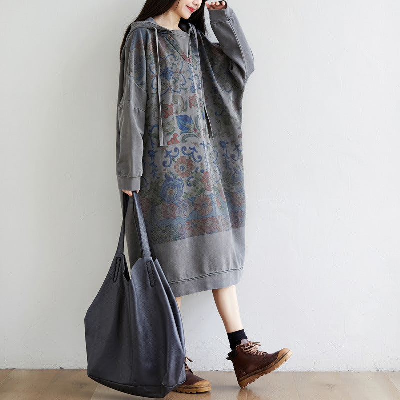 Washed Distressed Patchwork Hooded Sweatshirt Dress