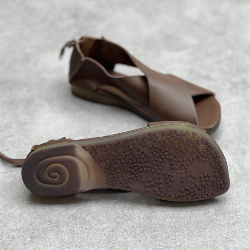 Women Crossing Design Leather Sandals With Rear Zippers