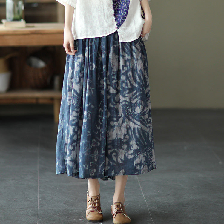 Women Elastic Waist Retro Floral Ramie Skirt