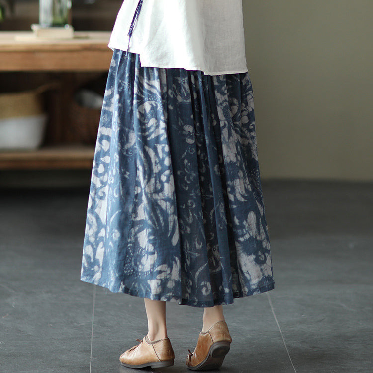 Women Elastic Waist Retro Floral Ramie Skirt
