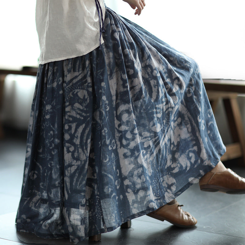 Women Elastic Waist Retro Floral Ramie Skirt