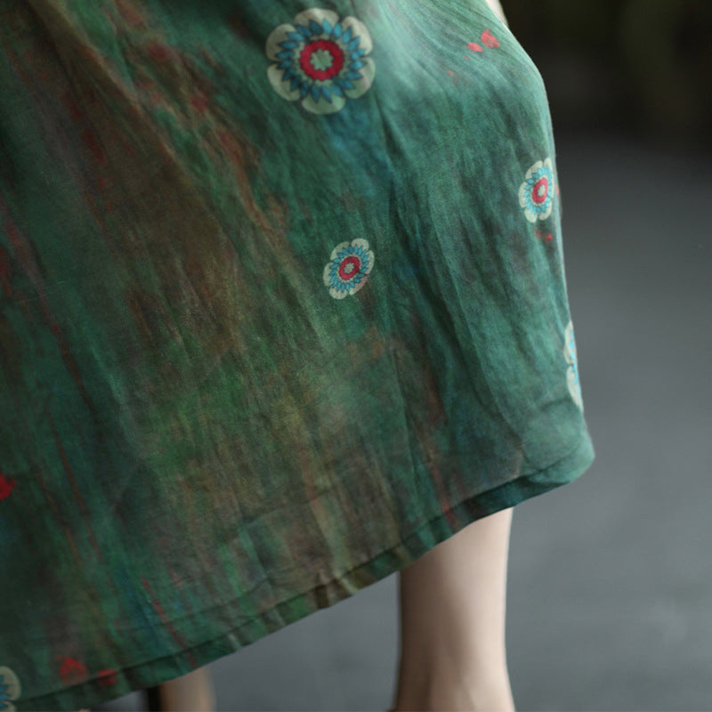 Women Elastic Waist Retro Floral Ramie Skirt