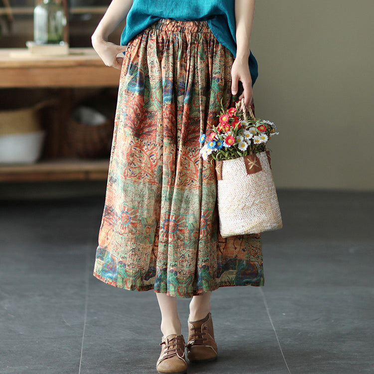 Women Elastic Waist Retro Floral Ramie Skirt