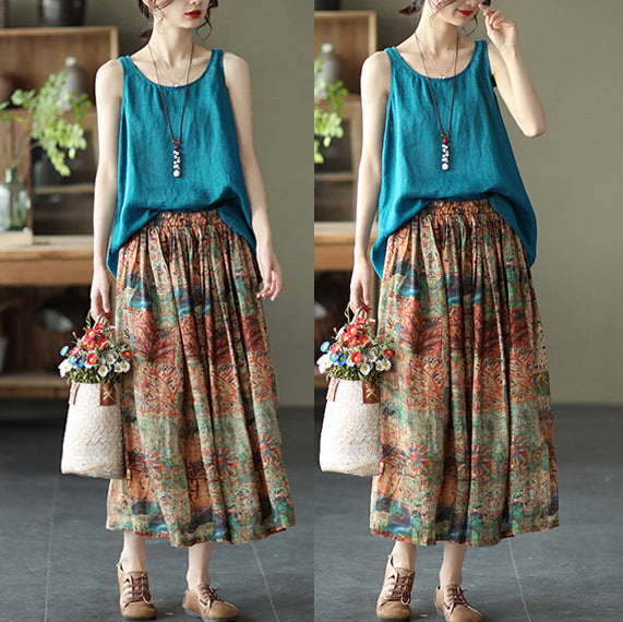 Women Elastic Waist Retro Floral Ramie Skirt