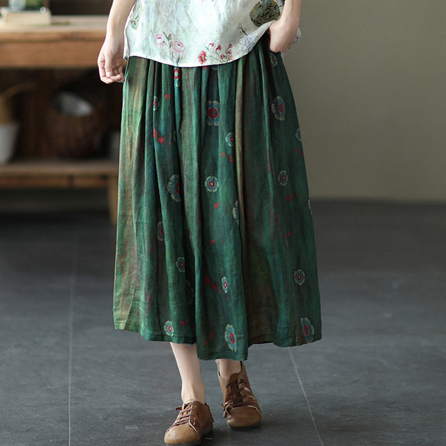 Women Elastic Waist Retro Floral Ramie Skirt