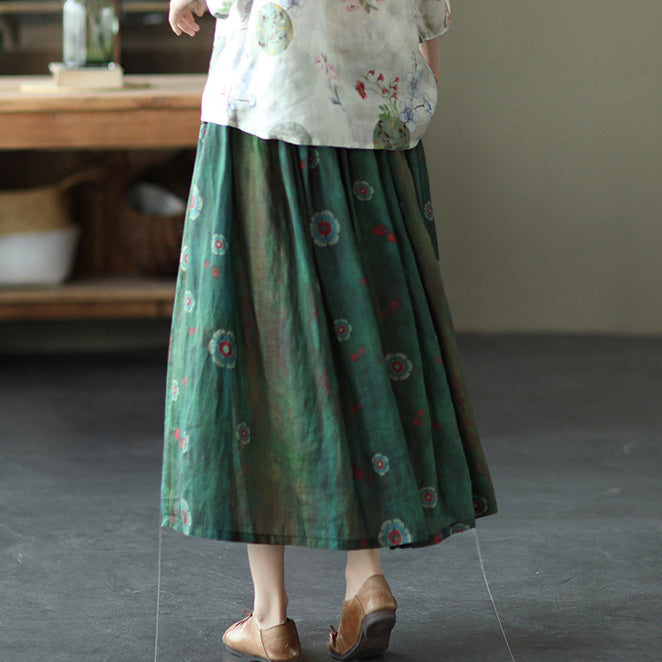 Women Elastic Waist Retro Floral Ramie Skirt