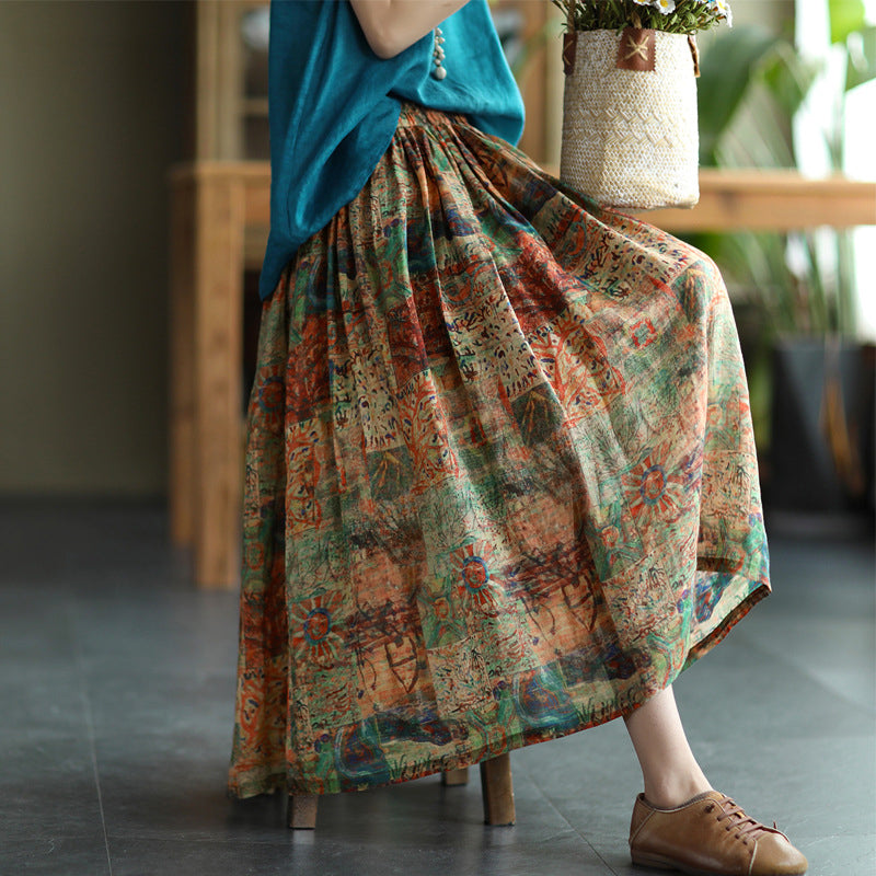 Women Elastic Waist Retro Floral Ramie Skirt