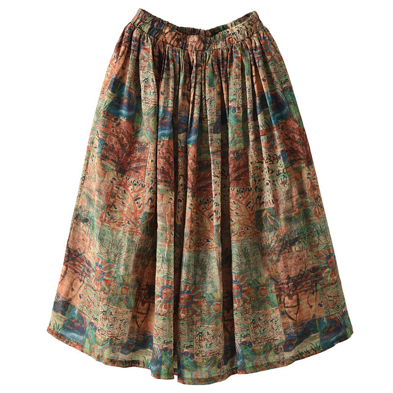 Women Elastic Waist Retro Floral Ramie Skirt