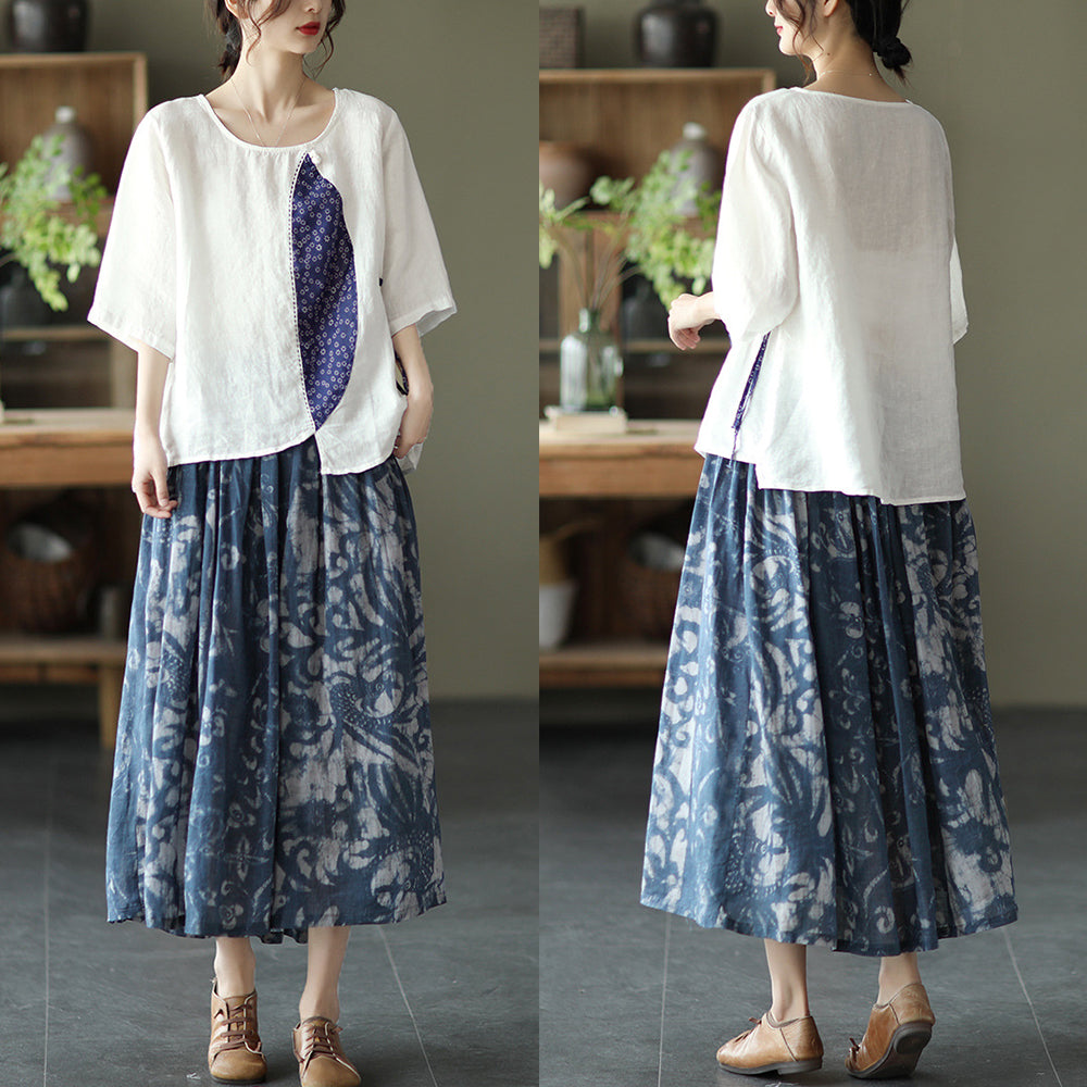 Women Elastic Waist Retro Floral Ramie Skirt