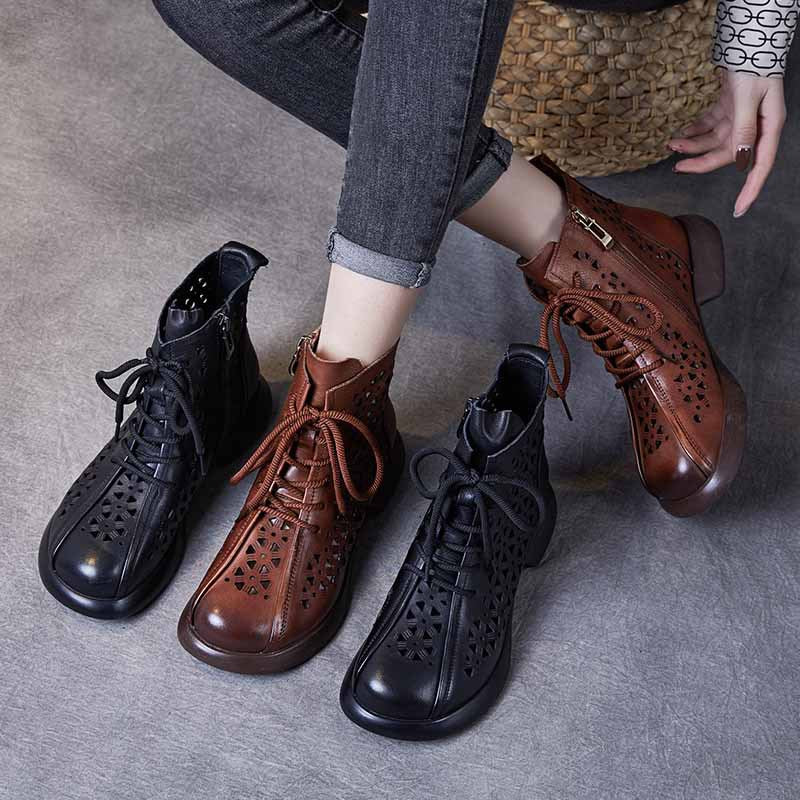 Women Handmade Vintage Hollow-out Leather Boots