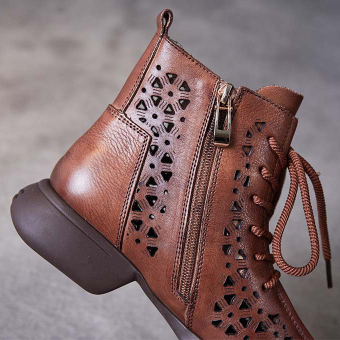 Women Handmade Vintage Hollow-out Leather Boots