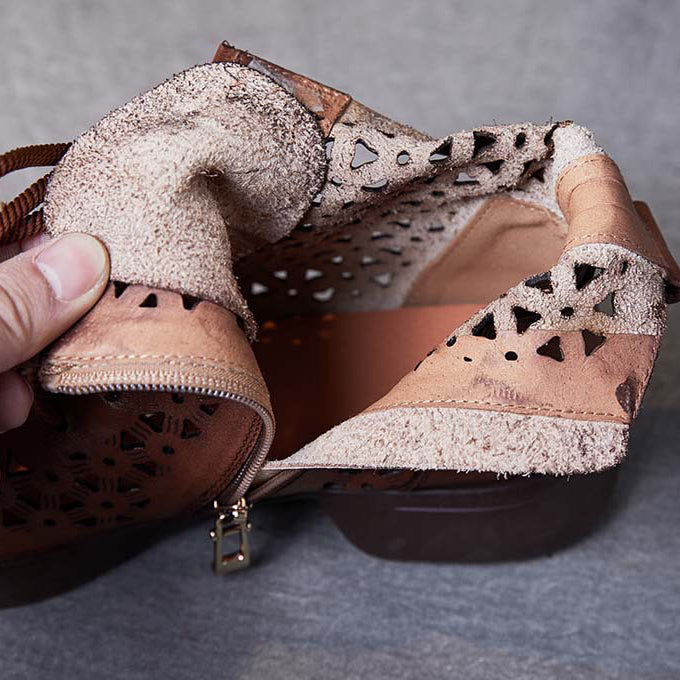 Women Handmade Vintage Hollow-out Leather Boots