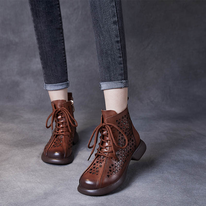 Women Handmade Vintage Hollow-out Leather Boots