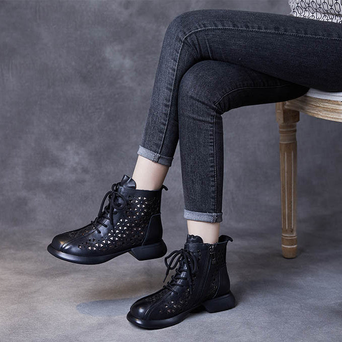 Women Handmade Vintage Hollow-out Leather Boots