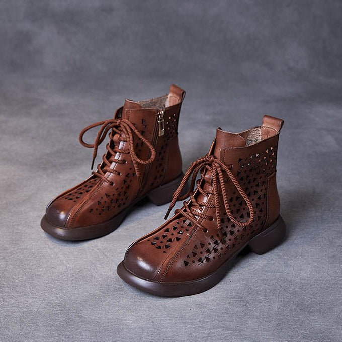 Women Handmade Vintage Hollow-out Leather Boots