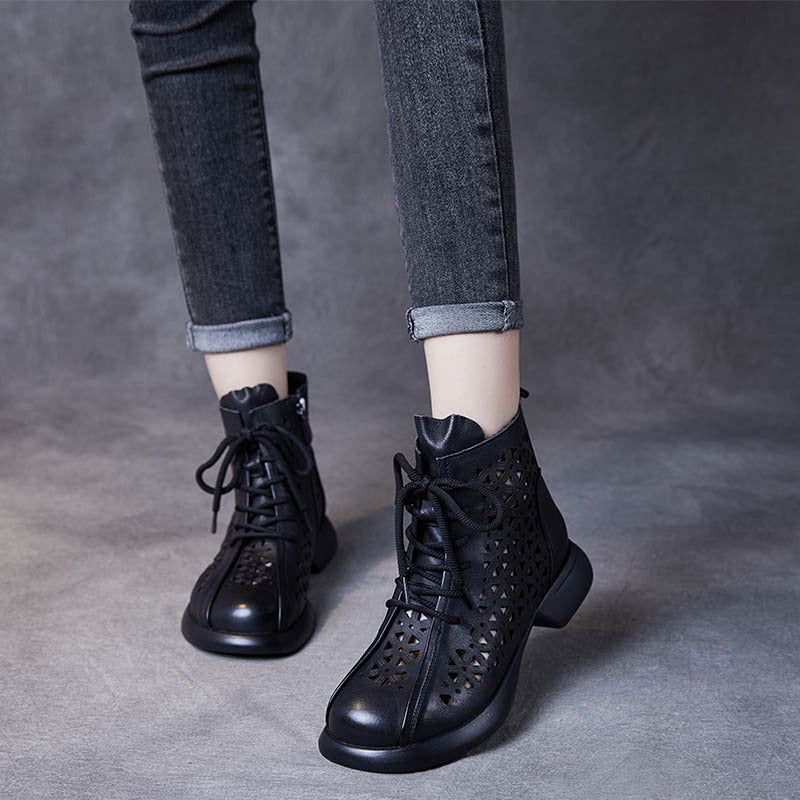 Women Handmade Vintage Hollow-out Leather Boots