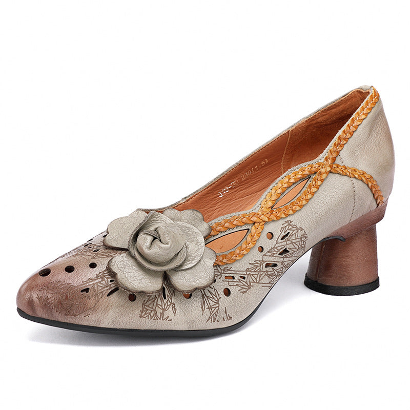 Women Leather Flower Accents Pointed Toe Chunky Heels