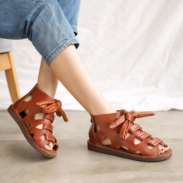 Women Peep Toe Lace-up Leather Roman Sandals